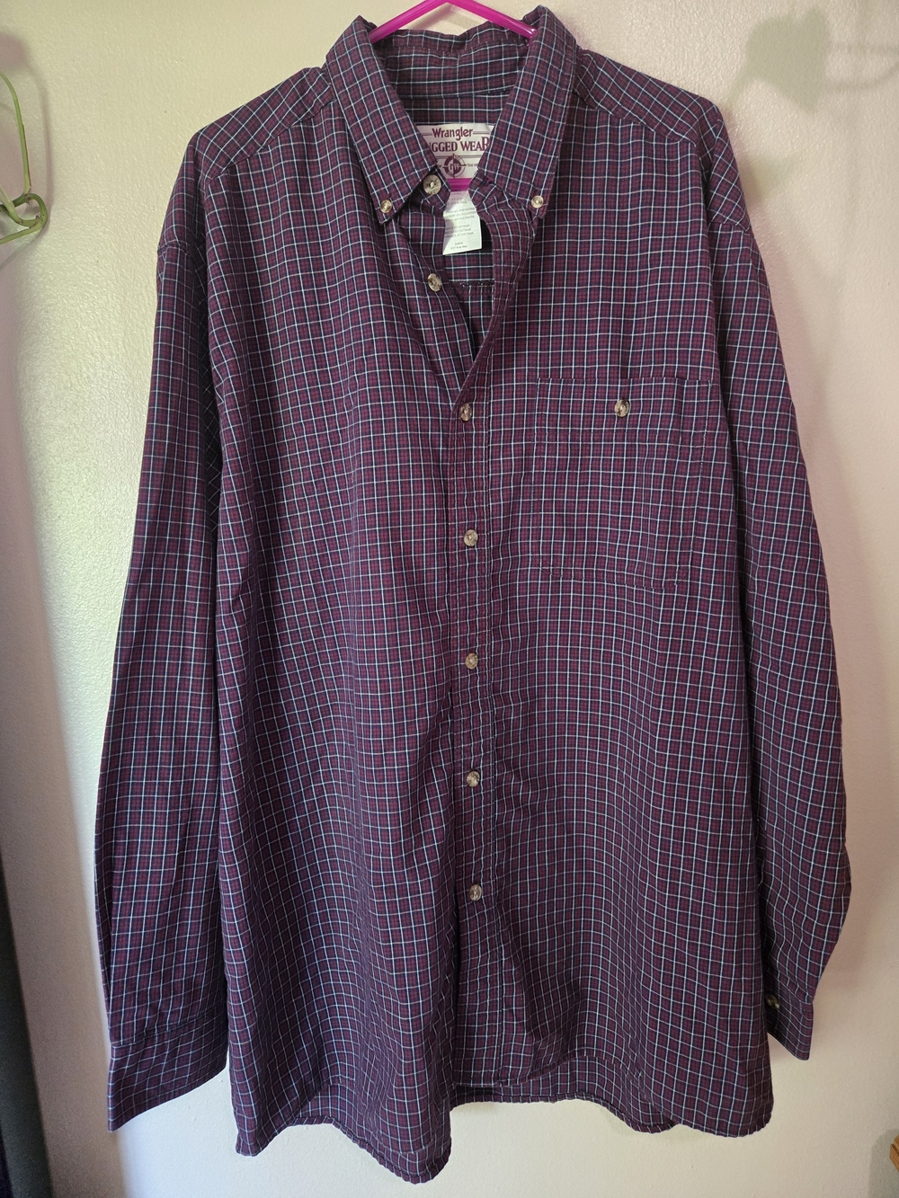 Wrangler RUGGED WEAR Men's Burgundy Plaid Button-Down Shirt